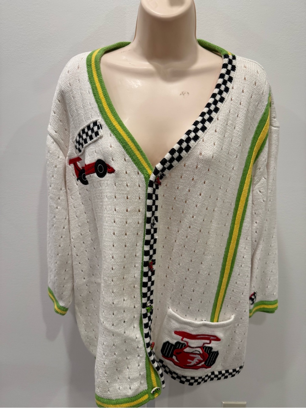 Vintage Storybook Knits White Racing Cardigan Green Yellow Trim Size 2X